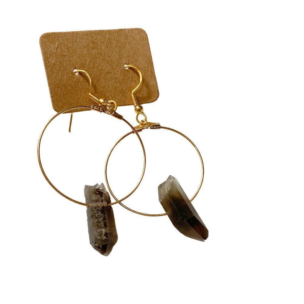 NEW Raw Smoky Quartz (30mm) Drop Hoop Earrings - Picture 2 of 4